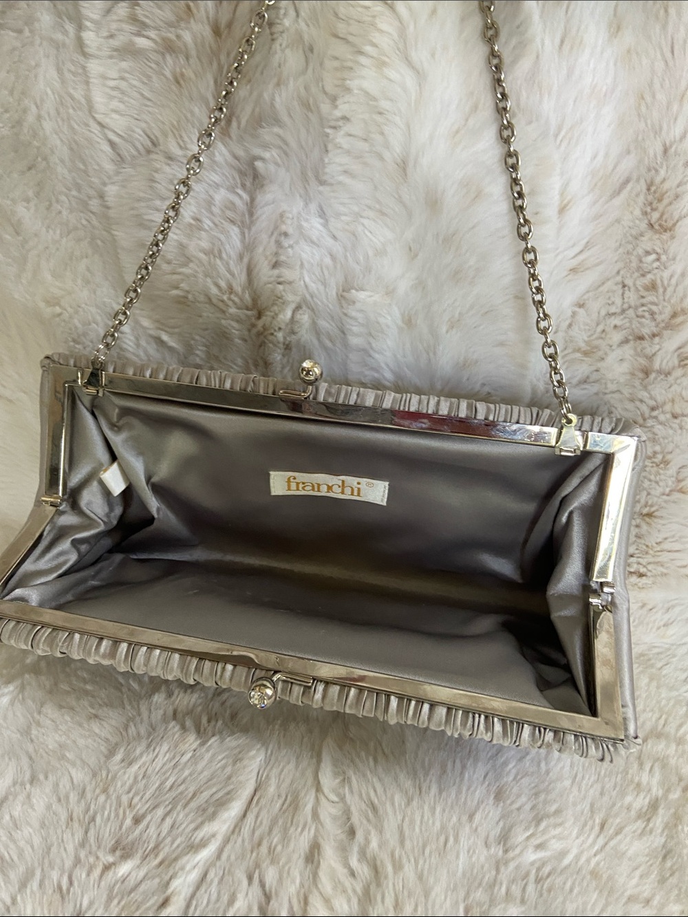 Franchi Silver Satin Evening Clutch with Chain Handle